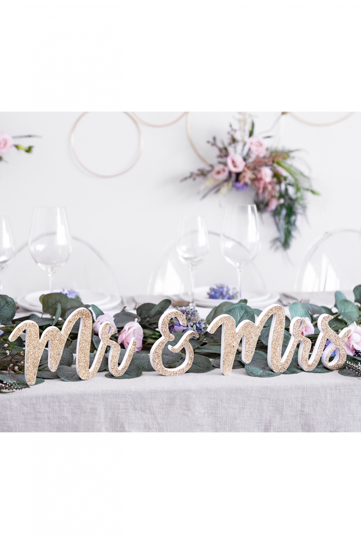 Drewniany napis Mr & Mrs, złoty, 50x10cm