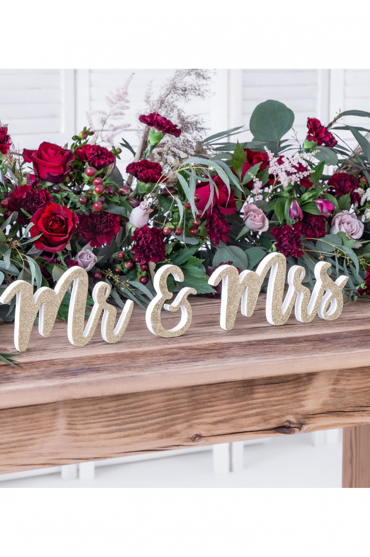 Holzaufschrift Mr & Mrs, gold, 50x10cm