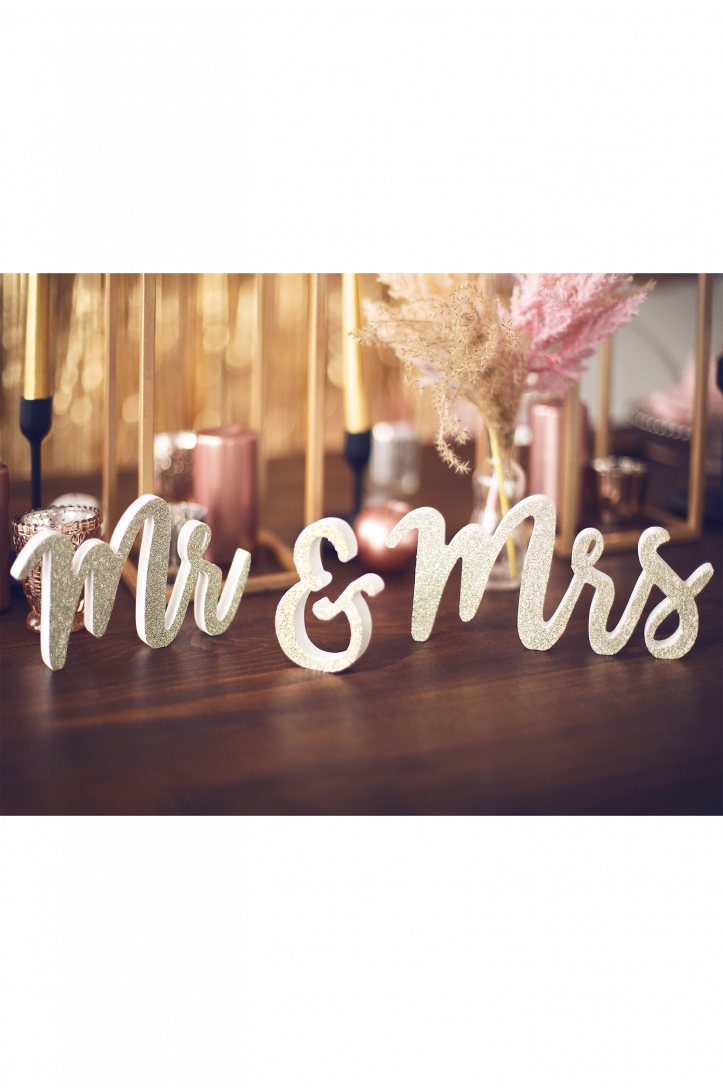 Holzaufschrift Mr & Mrs, gold, 50x10cm