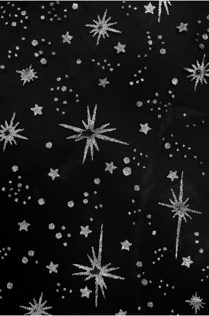 Dekorativer Tüll T3321 – Silberne Glitzersterne