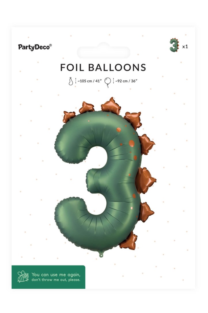 Folienballon Zahl ''3'' Dinosaurier, 92 cm