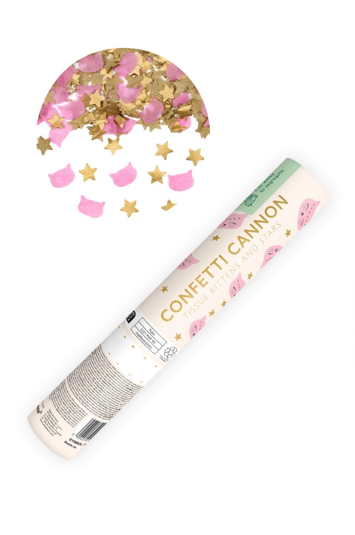 Confetti cannon with stars and cat-shaped confetti, 20 cm