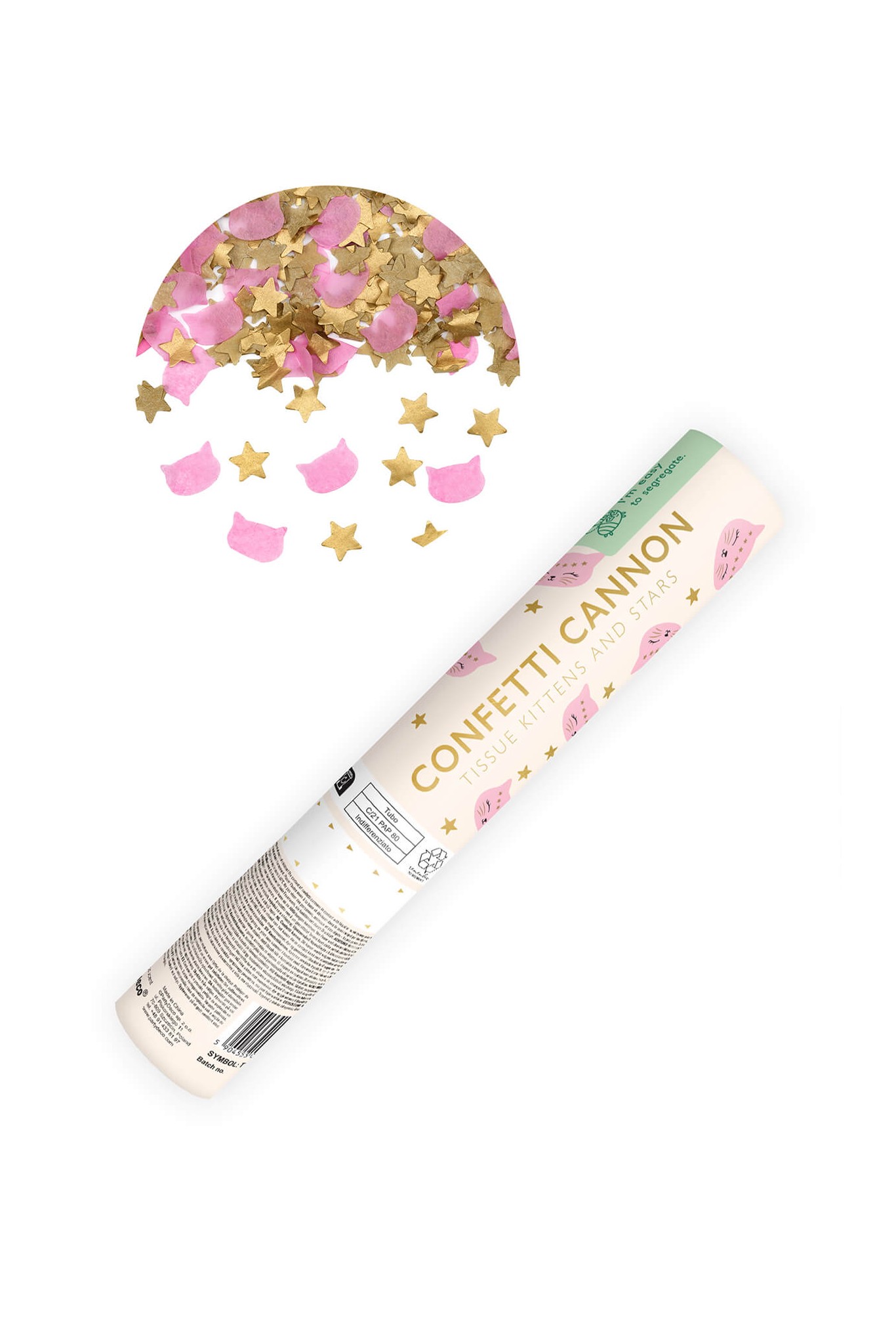 Confetti cannon with stars and cat-shaped confetti, 20 cm