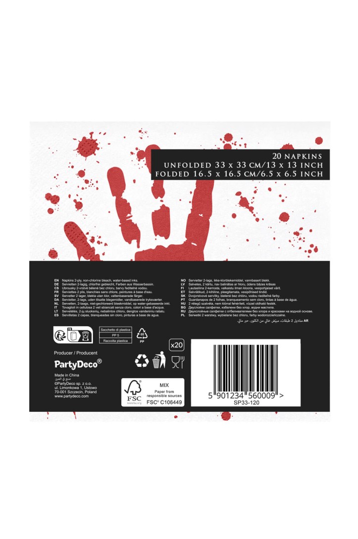 Servietten Blutige Hand, 33 x 33 cm
